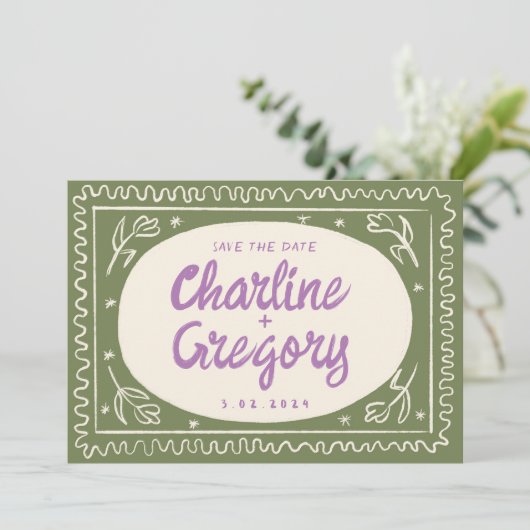 Green Wavy Handwriting Retro Save the Date Einladung (Stehend Vorderseite)