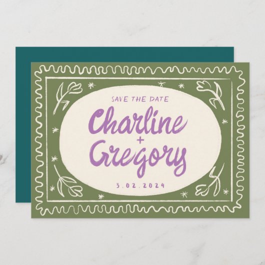 Green Wavy Handwriting Retro Save the Date Einladung (Vorne/Hinten)