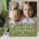 Green We Liebe You Oma Foto Fotoplatte<br><div class="desc">Personalisierte Großmutterplakette mit einem wertvollen Foto,  einem botanisch grünen Herzrandbild,  dem Sprichwort "Wir Liebe du Oma" und den Kindernamen.</div>