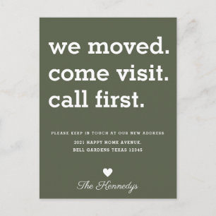 Green we moved Come Besuch Call Erste Typografie Ankündigungspostkarte