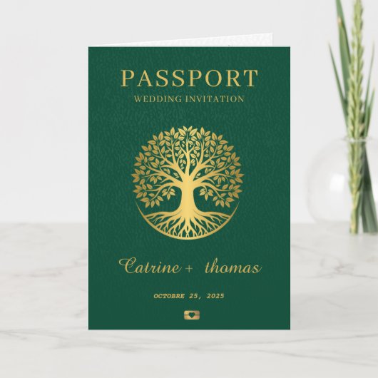 Green Wedding Destination Passport Weltkarte Einladung (Vorderseite)