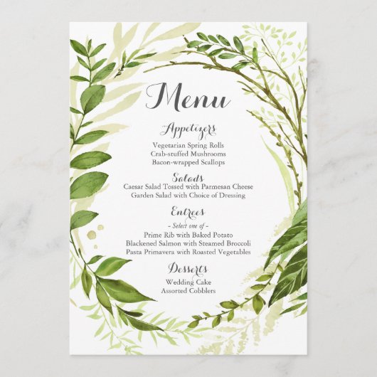 Green Wedding Menu Cards, rustikale Vegetation Menükarte (Vorderseite)