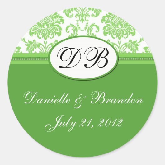 Green Wedding Monogram Damask Siegel Runder Aufkleber (Vorderseite)