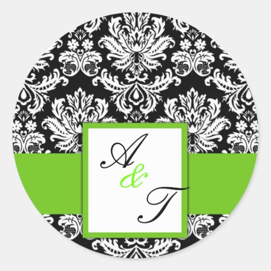 Green Wedding Monogram Damask Siegel Runder Aufkleber (Vorderseite)