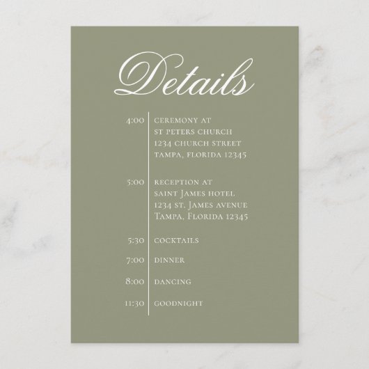 Green Wedding Timeline Details Simple RSVP Begleitkarte (Vorderseite)
