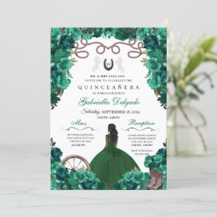 Green Western Charra Girl Ranchero Quinceanera Einladung