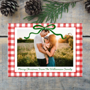 Green Whimsical Bow Red Gingham Print Christmas Feiertagskarte