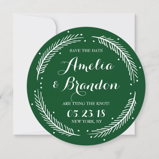 Green Whimsical Winter Kranz Save the Date Karte (Vorderseite)
