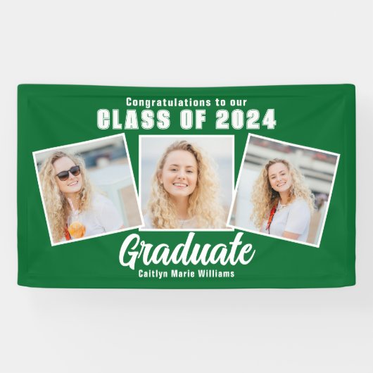 Green White Abschluss Foto Collage 2025 Party Banner (Horizontal)