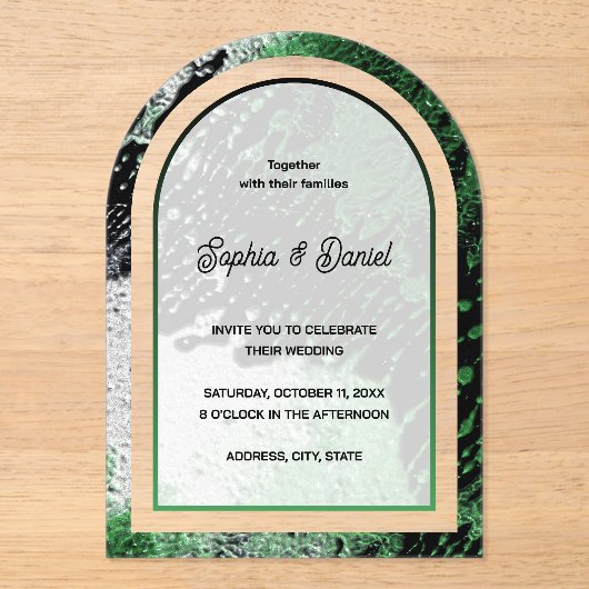 green white and black abstract fractal art wedding acryleinladungen (Vorderseite)