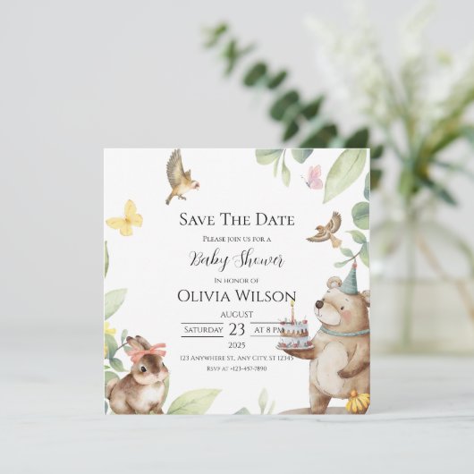Green White Bird Babydusche Save the Date Karte (Stehend Vorderseite)