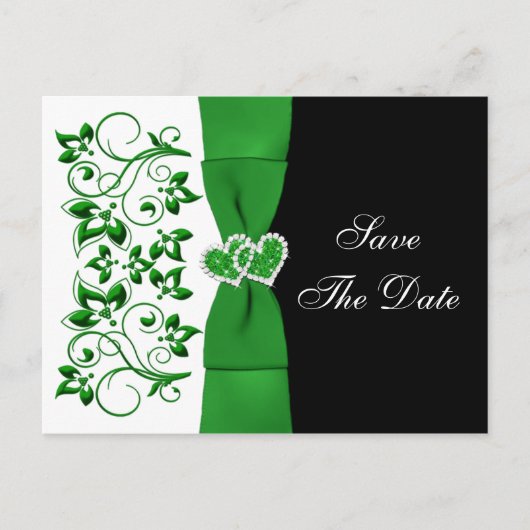 Green, White, Black Floral Save the Date Postkarte (Vorderseite)