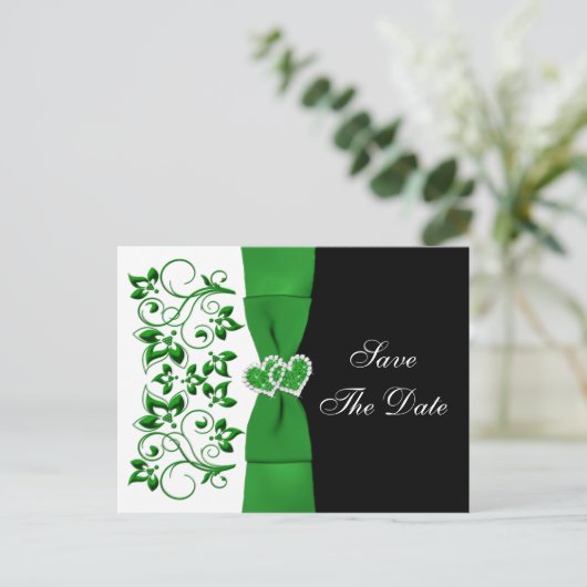 Green, White, Black Floral Save the Date Postkarte (Stehend Vorderseite)