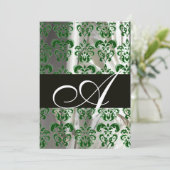 GREEN WHITE BLACK SILK DAMASK MONOGRAM SILVER EINLADUNG (Stehend Vorderseite)
