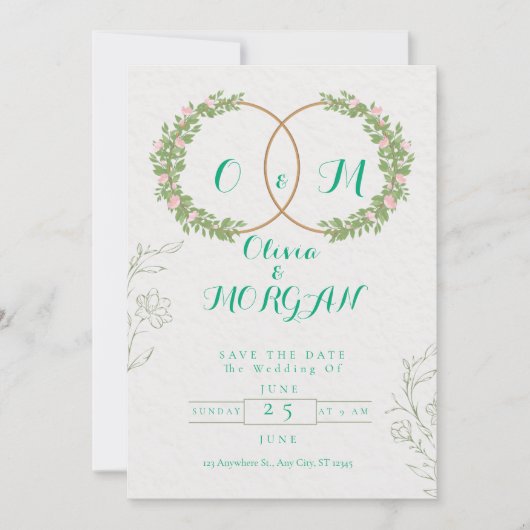 Green & White Botanical Wedding Invite Einladung (Vorderseite)