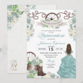 Green White Cacti Western Boots Charra Quinceañera Einladung (Vorne/Hinten)