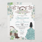 Green White Cacti Western Boots Charra Quinceañera Einladung (Vorne/Hinten)