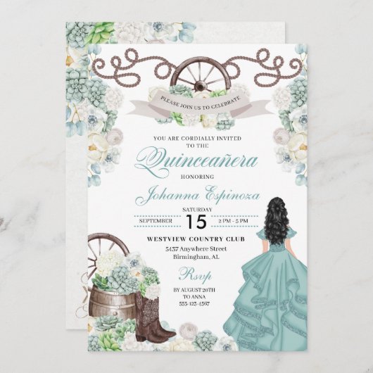 Green White Cacti Western Boots Charra Quinceañera Einladung (Vorne/Hinten)