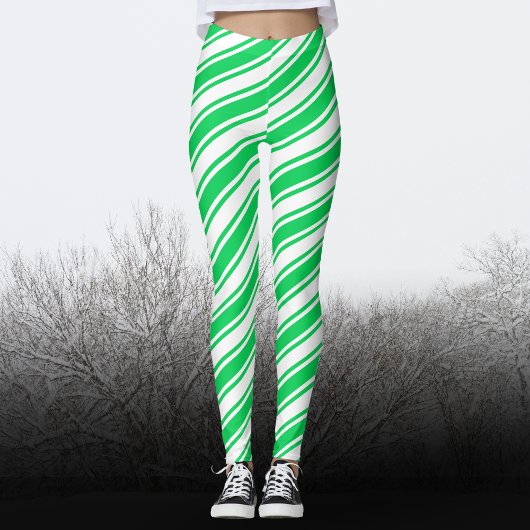 Green White Candy Cane Diagonal Strip Weihnachten Leggings