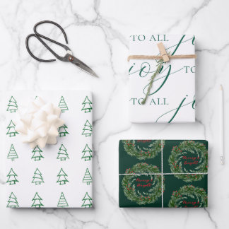 Green & White Christmas Tree, Wreath Scripted Set Geschenkpapier Set