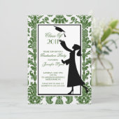 Green & White Damask Abschluss Einladung Grad (Stehend Vorderseite)
