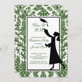 Green & White Damask Abschluss Einladung Grad (Vorne/Hinten)