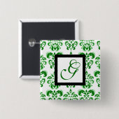 GREEN WHITE DAMASK BLACK SQUARE MONOGRAMM BUTTON (Vorne & Hinten)