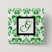 GREEN WHITE DAMASK BLACK SQUARE MONOGRAMM BUTTON (Vorderseite)