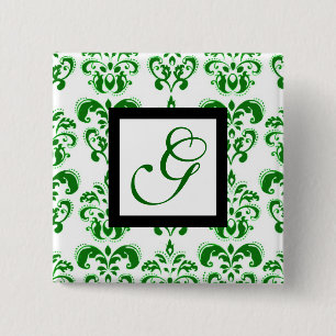 GREEN WHITE DAMASK BLACK SQUARE MONOGRAMM BUTTON