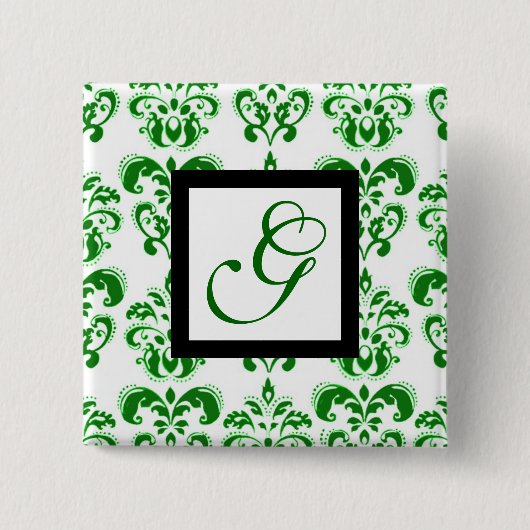 GREEN WHITE DAMASK BLACK SQUARE MONOGRAMM BUTTON (Vorderseite)