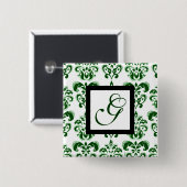 GREEN WHITE DAMASK BLACK SQUARE MONOGRAMM BUTTON (Vorne & Hinten)