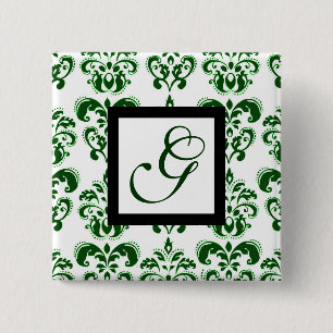 GREEN WHITE DAMASK BLACK SQUARE MONOGRAMM BUTTON
