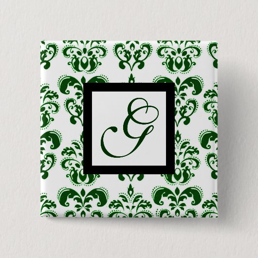 GREEN WHITE DAMASK BLACK SQUARE MONOGRAMM BUTTON (Vorderseite)