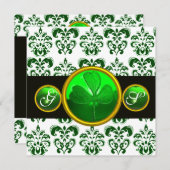 GREEN WHITE DAMASK, KLEEBLATT MONOGRAM St Patrick Einladung (Vorne/Hinten)