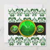 GREEN WHITE DAMASK, KLEEBLATT MONOGRAMM Champagner Einladung (Vorderseite)