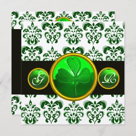 GREEN WHITE DAMASK, KLEEBLATT MONOGRAMM Champagner Einladung (Vorne/Hinten)