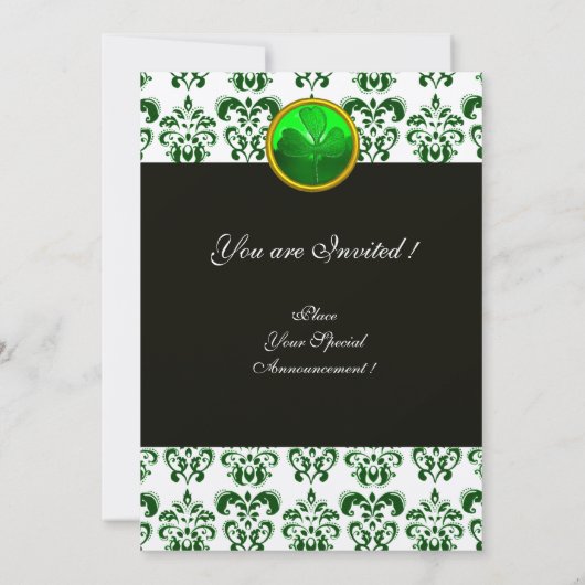 GREEN WHITE DAMASK MIT KLEEBLATT Black Champagne Einladung (Rückseite)