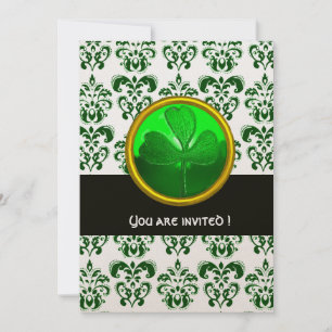 GREEN WHITE DAMASK MIT KLEEBLATT Black Champagne Einladung