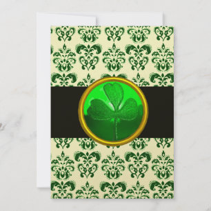 GREEN WHITE DAMASK MIT KLEEBLATT Black Einladung