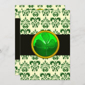 GREEN WHITE DAMASK MIT KLEEBLATT Black Silver Einladung (Vorne/Hinten)
