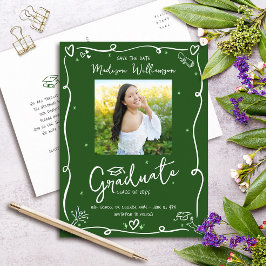 Green White Doodles Graduation Save the Date Photo Einladungspostkarte
