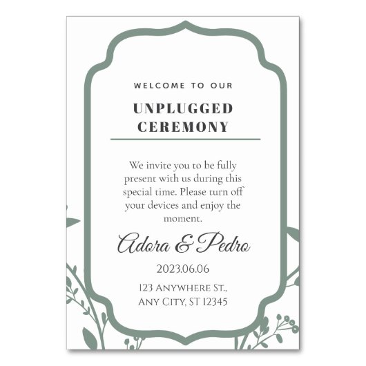 Green & White Elegant Wedding Tischnummer (Vorderseite)