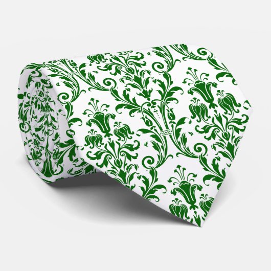 Green White Floral Damask Krawatte (Gerollt)
