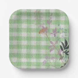 Green White Floral Gingham Kariert Country Farm Pappteller