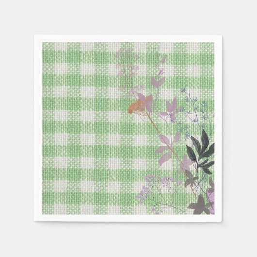 Green White Floral Gingham Kariert Country Farm Serviette (Vorderseite)