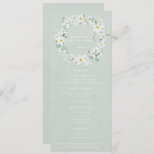 Green White Floral Oaster Kranz Flat 4 Course Menükarte (Vorne/Hinten)