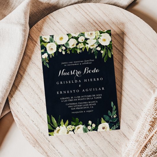 Green White Floral Royal Blue Nuestra Boda Wedding Einladung
