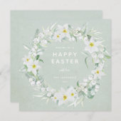 Green + White Floral Wreath Happy Oaster Flat Card Einladung (Vorne/Hinten)