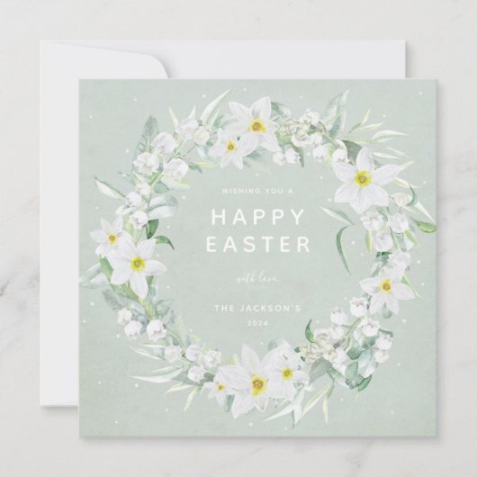 Green + White Floral Wreath Happy Oaster Flat Card Einladung (Vorderseite)