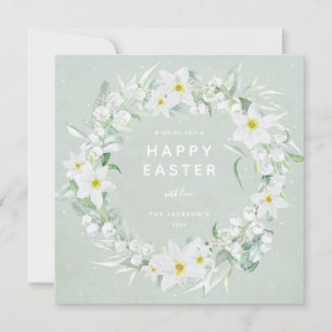 Green + White Floral Wreath Happy Oaster Flat Card Einladung